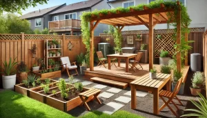 A backyard scene showcasing various outdoor carpentry projects