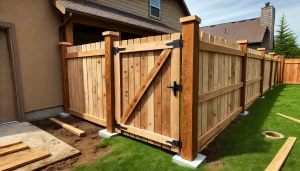 A backyard scene showing a newly built sturdy wooden fence, made from pressure-treated wood