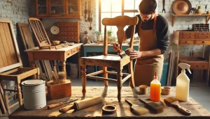 A beginner restoring an antique wooden chair in a well-lit workshop