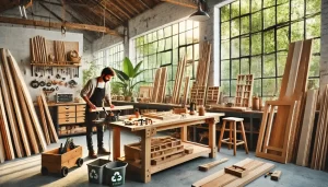 A bright carpentry workshop with a focus on eco-friendly woodworking