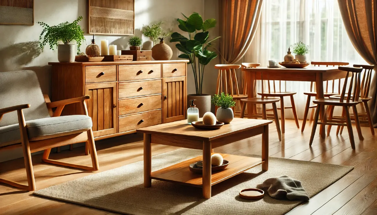 A cozy living room featuring wooden furniture