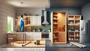 A kitchen design scene showcasing the differences between custom and prefabricated cabinets