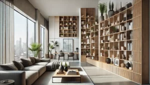 A modern living room with custom shelving installed on the walls