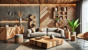 A modern, stylish living room showcasing the top carpentry trends of 2024