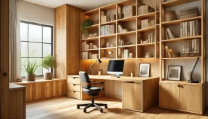 A realistic scene of a modern home office featuring custom woodworking