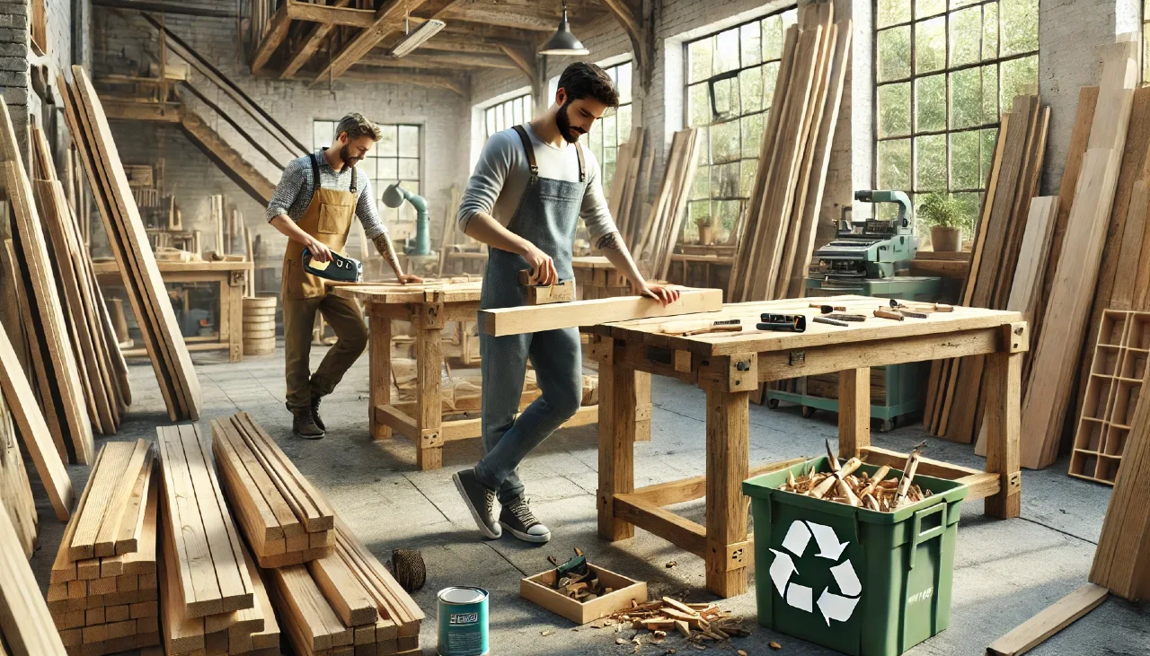 A realistic scene of two carpenters working in a sustainable woodworking workshop