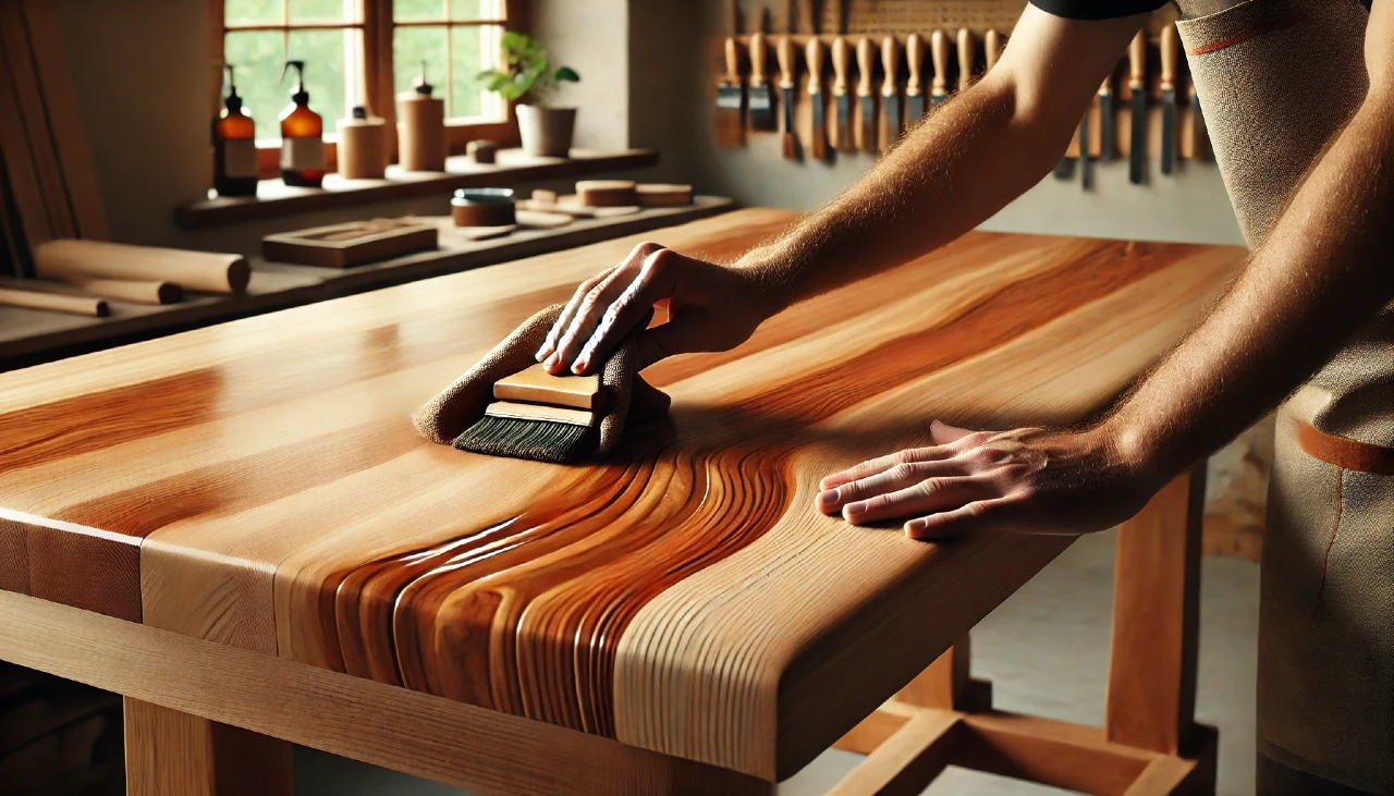 A realistic woodworking scene featuring a wooden table being finished by hand