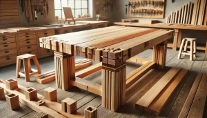 A realistic woodworking scene showing a finished wooden table showcasing various types of wood joints