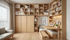 A small, modern apartment living room featuring custom carpentry solutions for maximizing space