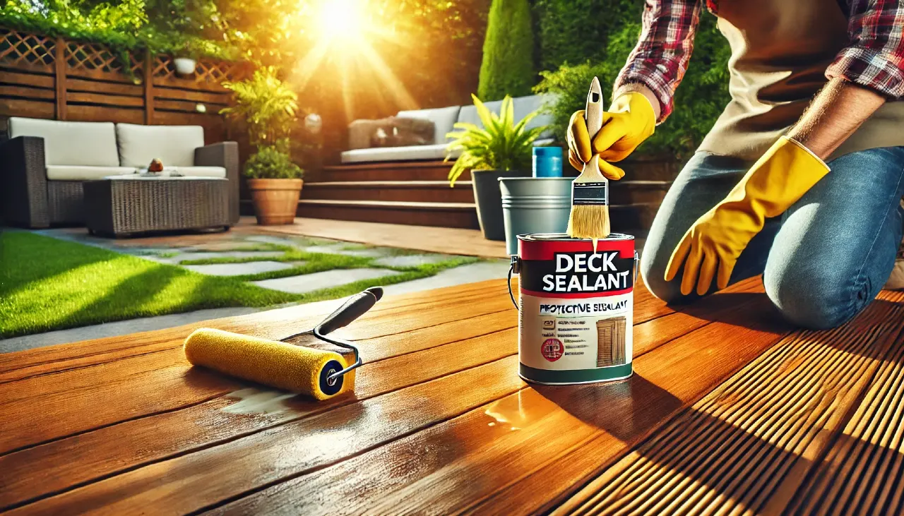 A wooden deck being protected from weather damage in a backyard