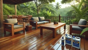 A wooden outdoor deck with furniture, located in a tropical, humid climate