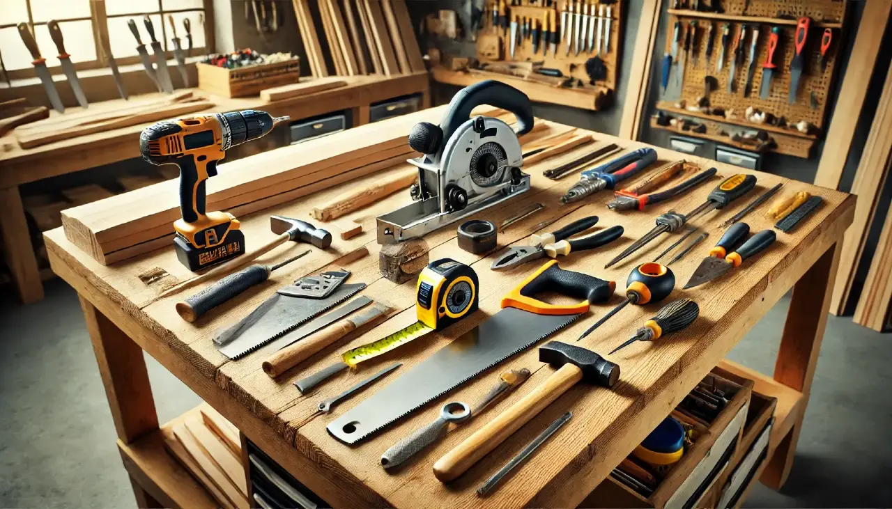 essential tools laid out on a sturdy wooden workbench