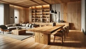 modern living room featuring custom-built wooden furniture