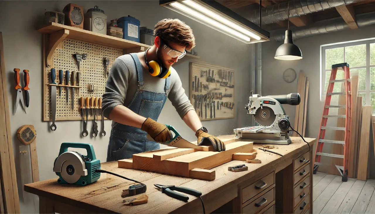 woodworking workshop showing a beginner following essential carpentry safety tips